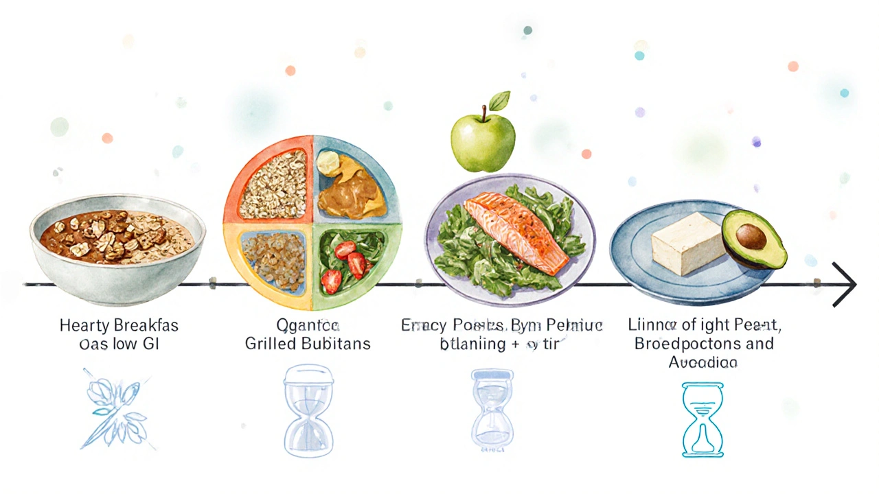 Časová osa dne s pěti jídly, zobrazenými jako ilustrace ovesné snídaně, quinoa oběda, jablko, lososová večeře a tvarohový snack.