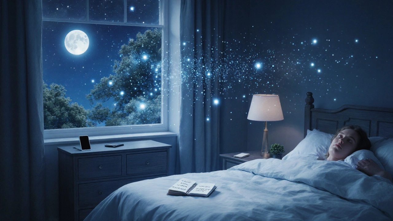Člověk spí v klidné ložnici s měkkým světlem a zápisky vděčnosti na nočním stolku.