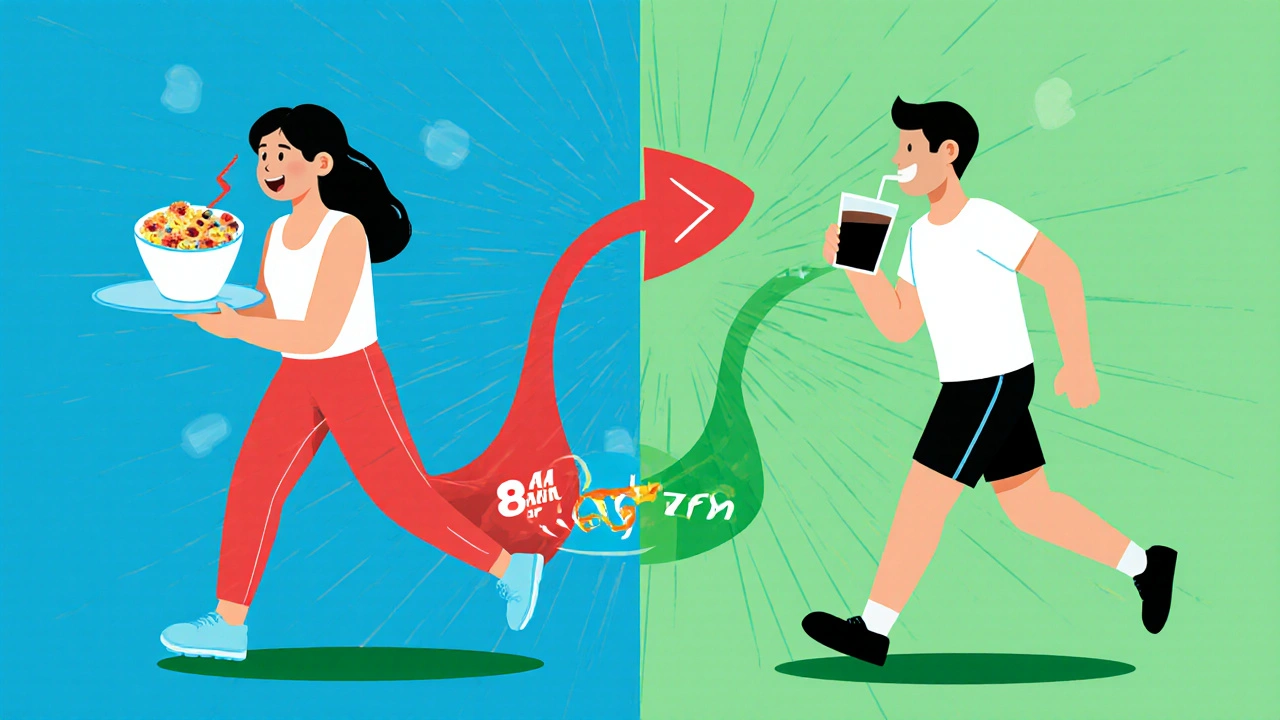 Dvě protikladné situace: jídlo s cukrem blokuje spalování tuků, zatímco káva a pohyb ho podporují.