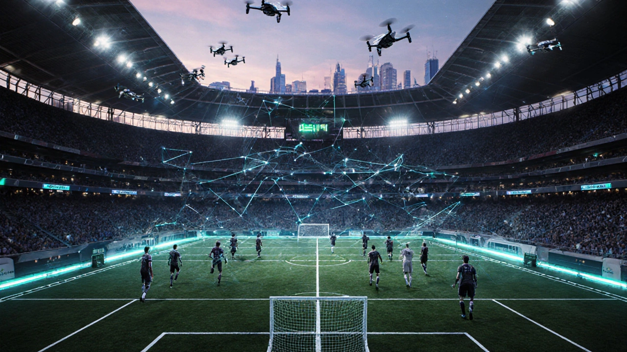 Futuristický stadion s technologií VAR a rozšiřovaným hřištěm.