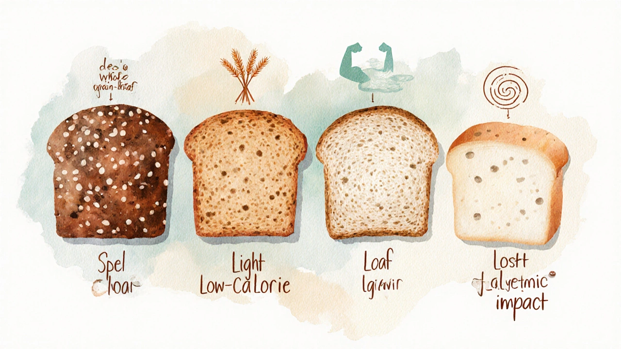 Ilustrace čtyř druhů chleba vedle sebe s vizuálními symboly vlákniny, bílkovin a glykemického indexu.