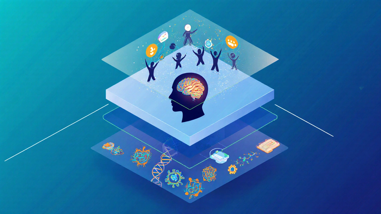 Ilustrace vrstev biologických, psychologických a sociálních prvků modelu.