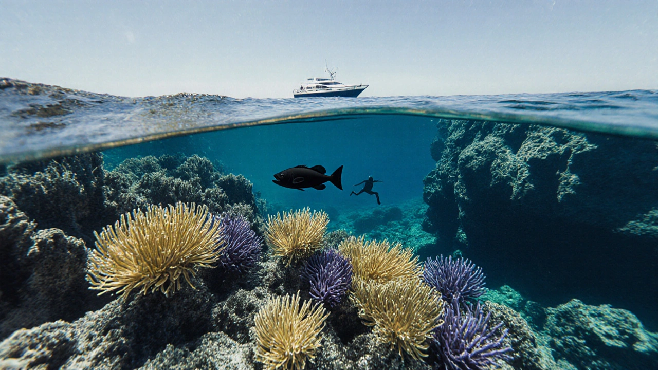 Kornatské skalní útesy pokryté žlutými a fialovými houbami v průhledné mořské vodě.