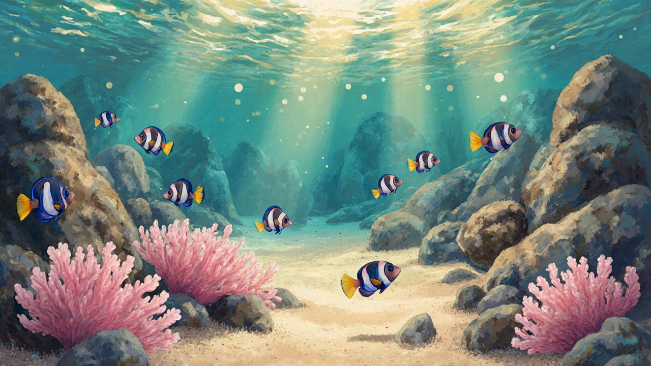 Podmořský svět Plaže Sveta Nedjelja na Hvaru s růžovými houbami a rybami mezi skalami.