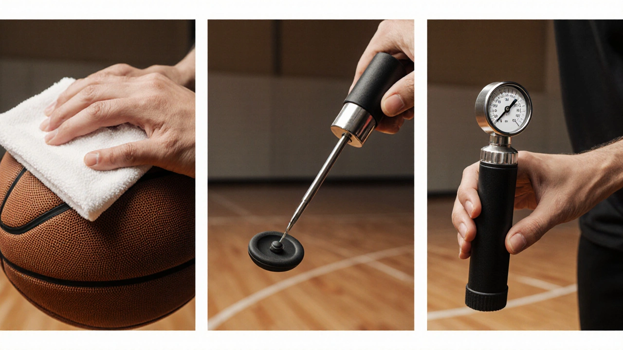 Ruce čistí ventil, připojují pumpu a sledují manometr při nafukování.