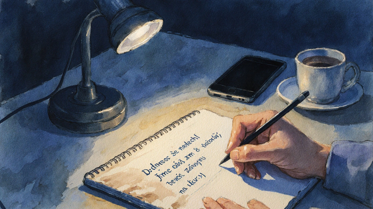 Ruka píše tři malé věty do sešitu večer, telefon vypnutý na druhé straně místnosti.