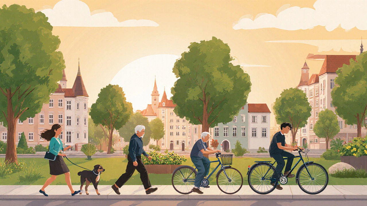 Různí lidé se pohybují v každodenních situacích: chůze, jízda na kole, procházka s psem.