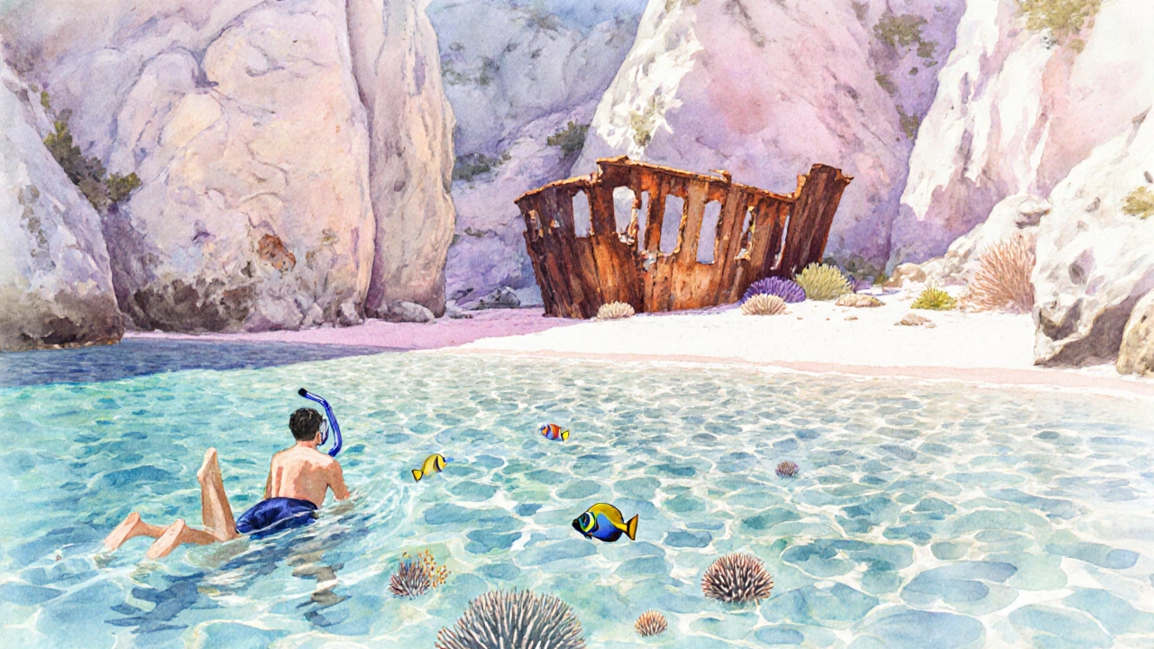 Šnorchlování u pláže Navagio: vrak lodi, pestrobarevné ryby a tyrkysová voda.