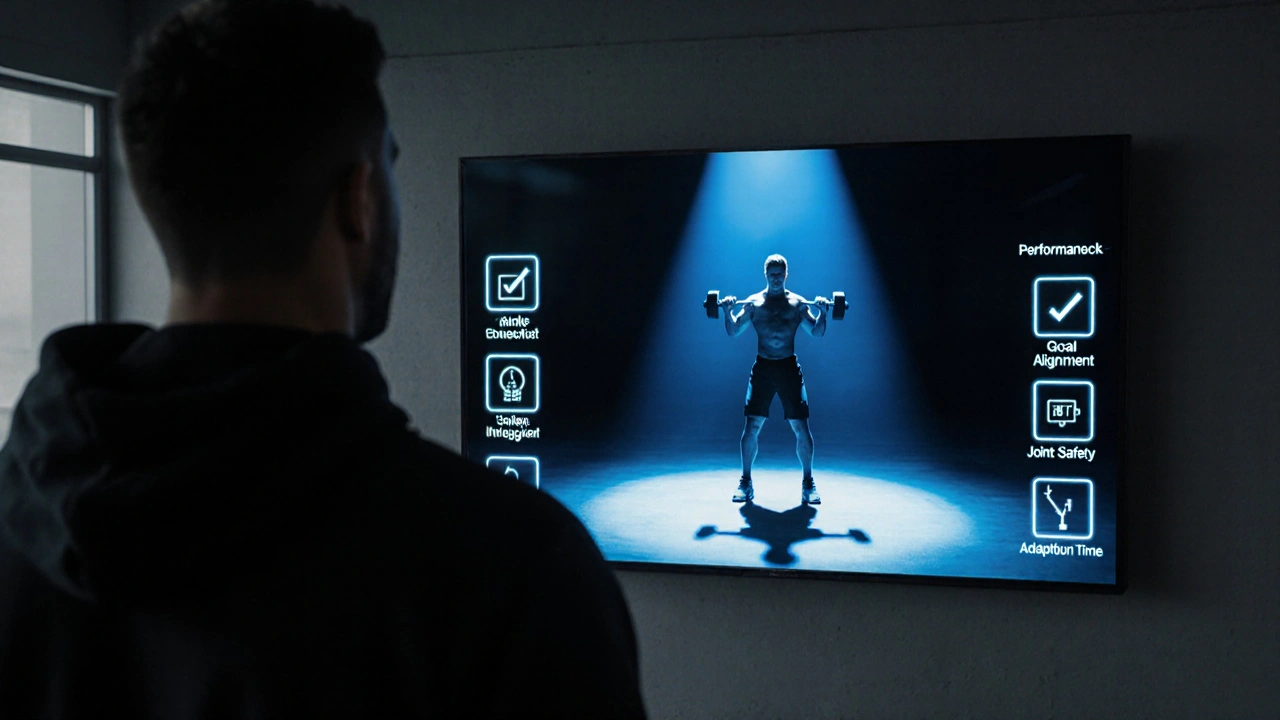 Trenér sleduje video nového cviku, zatímco kolem jsou hologramy symbolizující kontrolní seznam pro změnu cvičení.