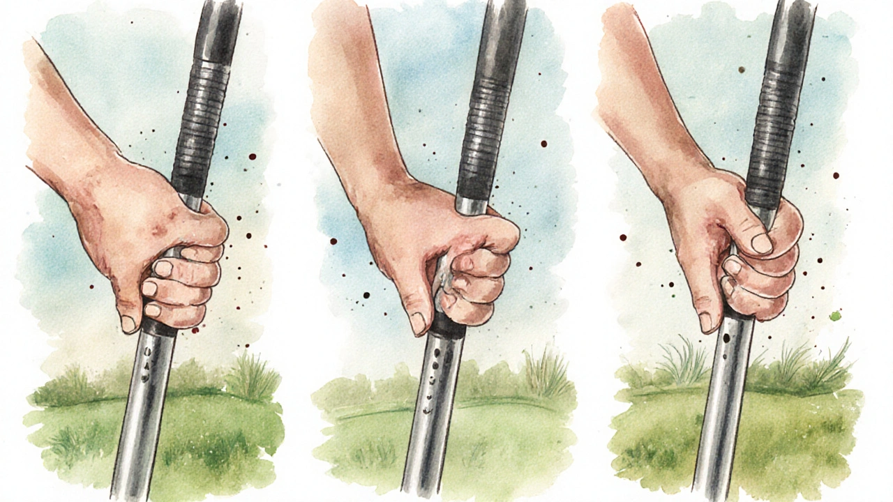 Tři panelové akvarely ukazují Overlap, Interlocking a Baseball úchop.