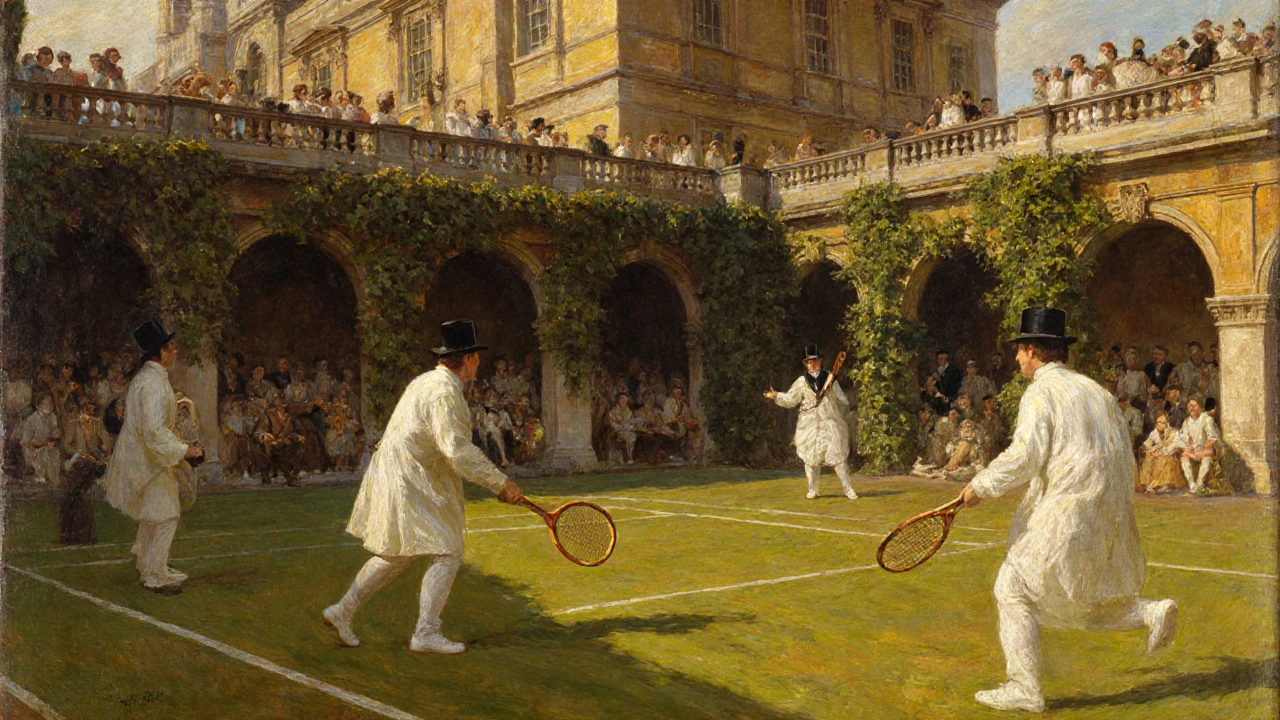 Angličtí šlechtici hrají tenis na trávě na dvoře krále Jindřicha VIII.