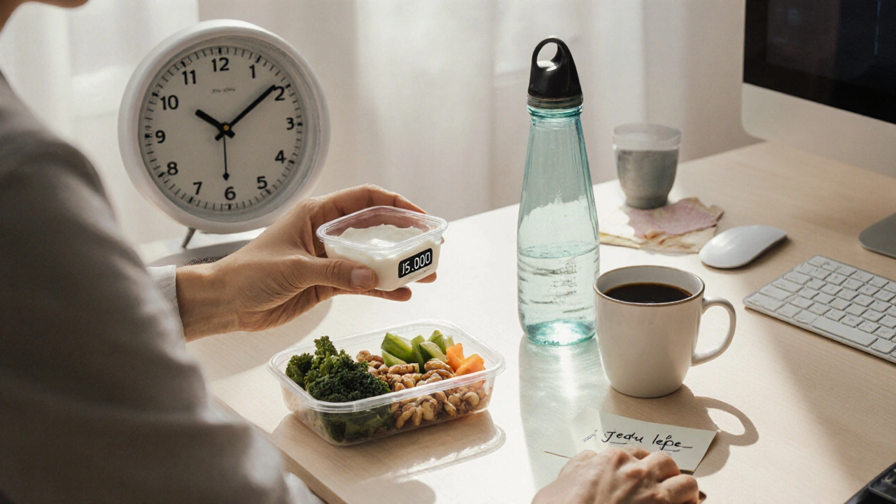 Česká pracovnice v kanceláři s lehkou svačinou, klidně zaměřená, bez kávy, s připravenými jídly na stole.