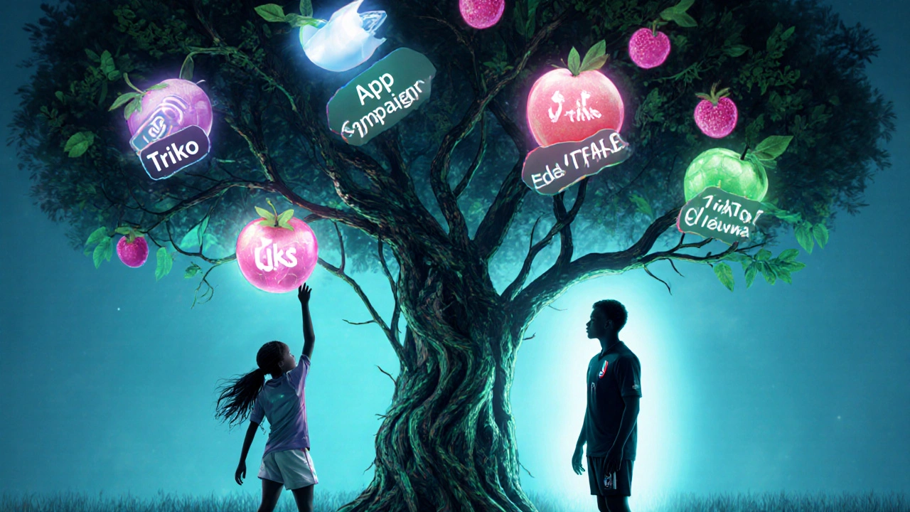 Digitální strom s ovocem z marketingových příjmů, pod ním dvě mladé hráčky dosahují po plodech.