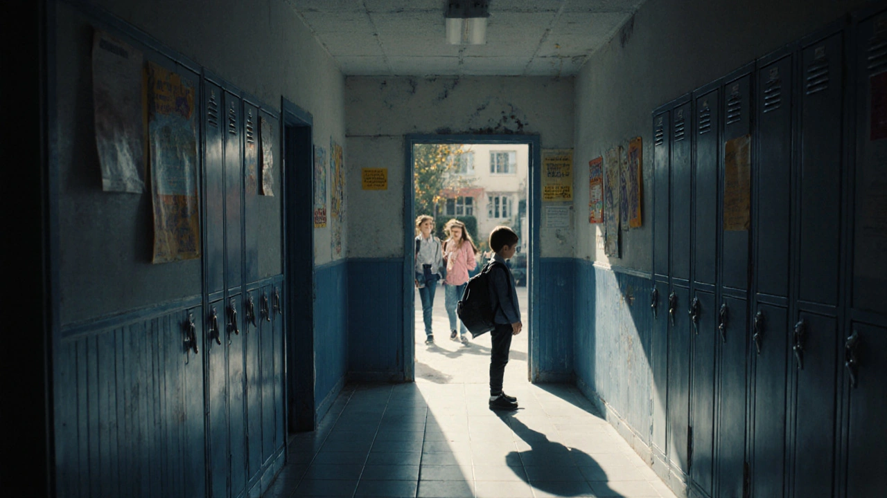 Dítě stojí u vchodu do školy, zatímco ostatní děti hrají venku.