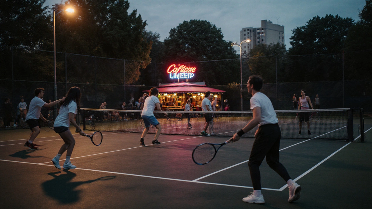 Dnešní Češi hrají tenis v městském parku za soumraku.
