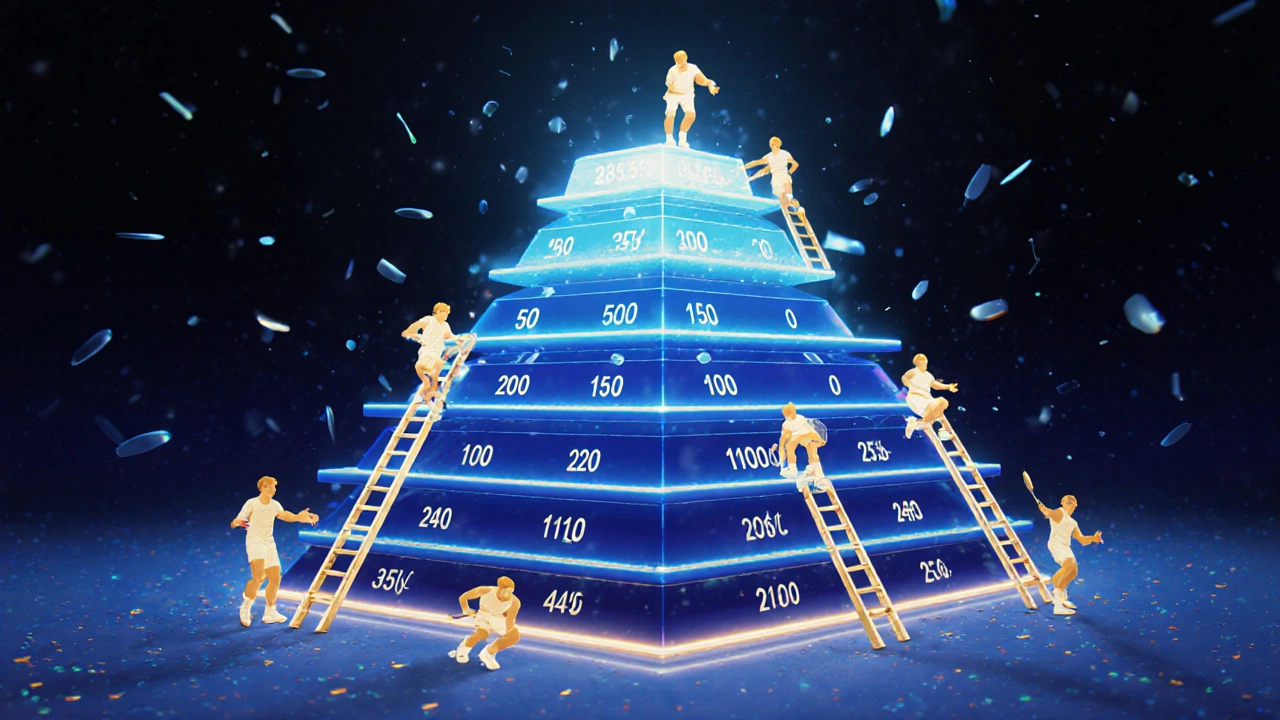 Floating pyramid of tennis points with Grand Slams at the top and players climbing.