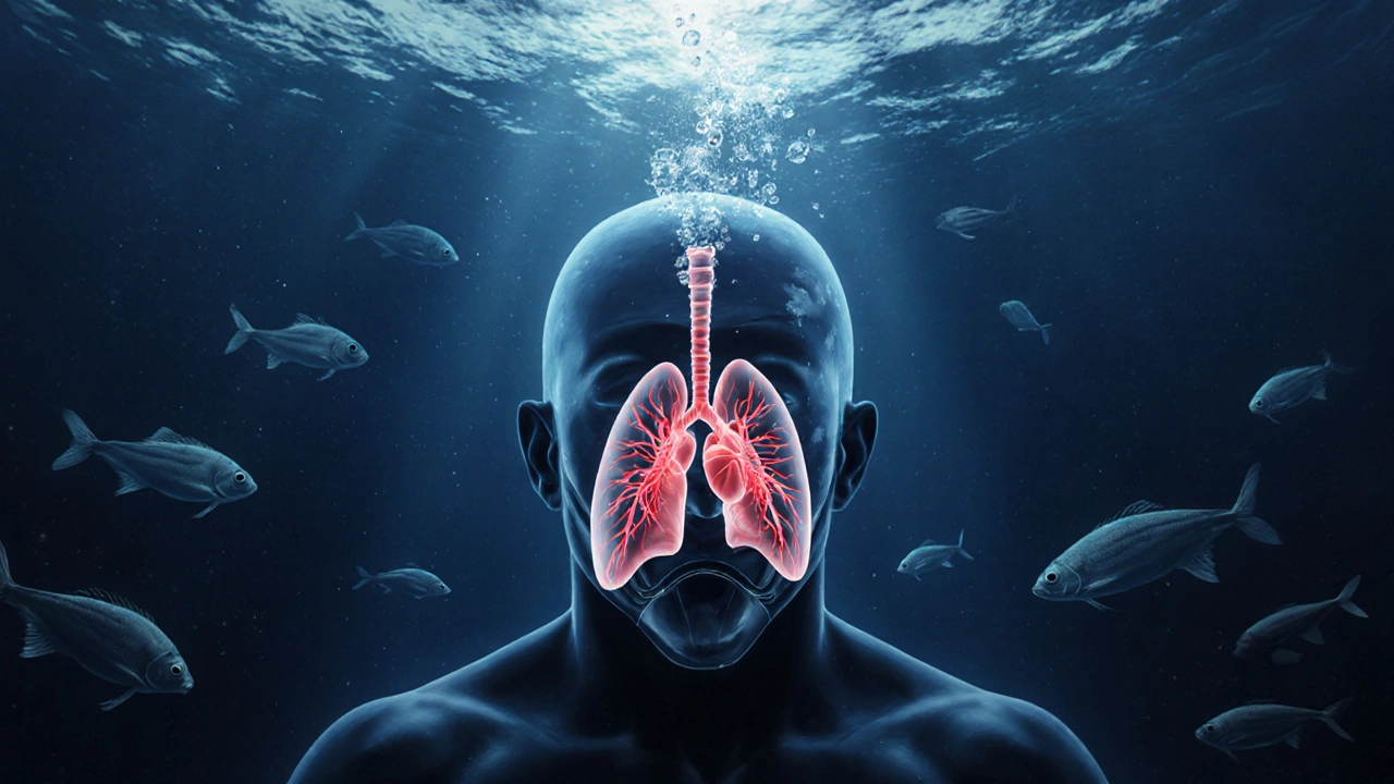 Freediver v hloubce 100 metrů s viditelným přesměrováním krve a zpomaleným srdcem.