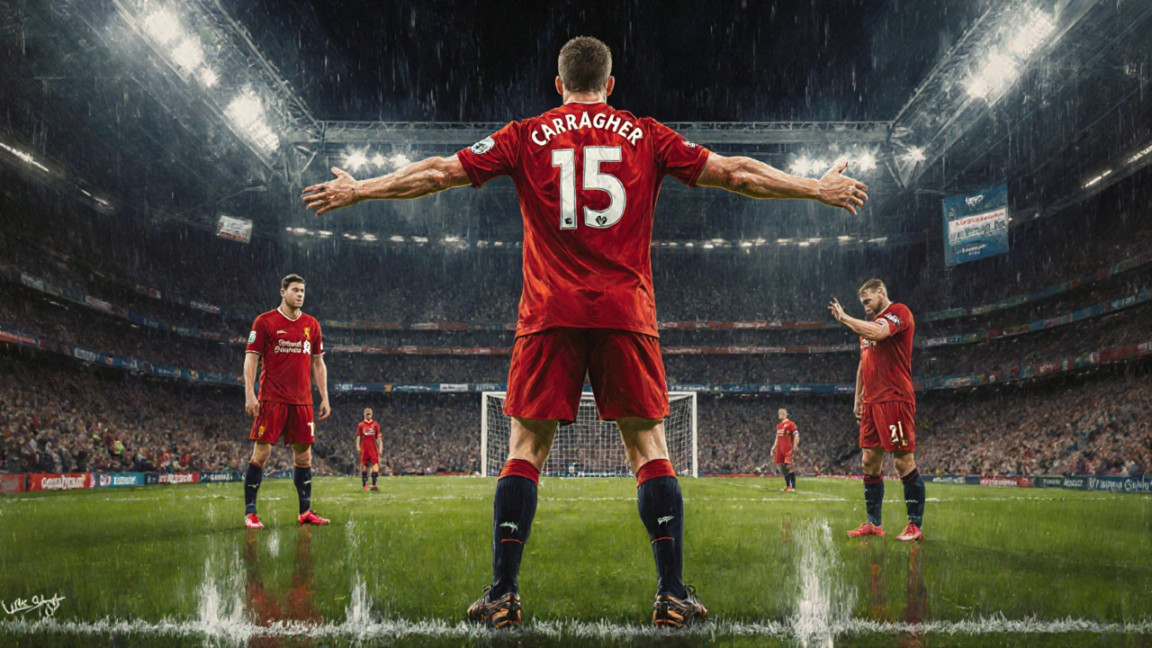 Jamie Carragher v dresu Liverpoolu s číslem 15, obranná pozice v dešti, symbolizující odhodlání a stabilitu.