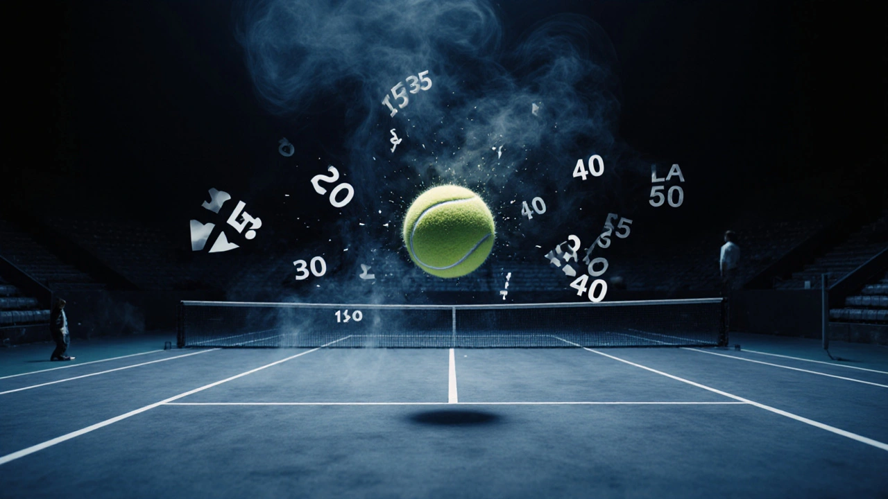 Jednoduchý míč ve vzduchu nad prázdným tenisovým kurtem s číslicemi 15, 30, 40, deuce a love.