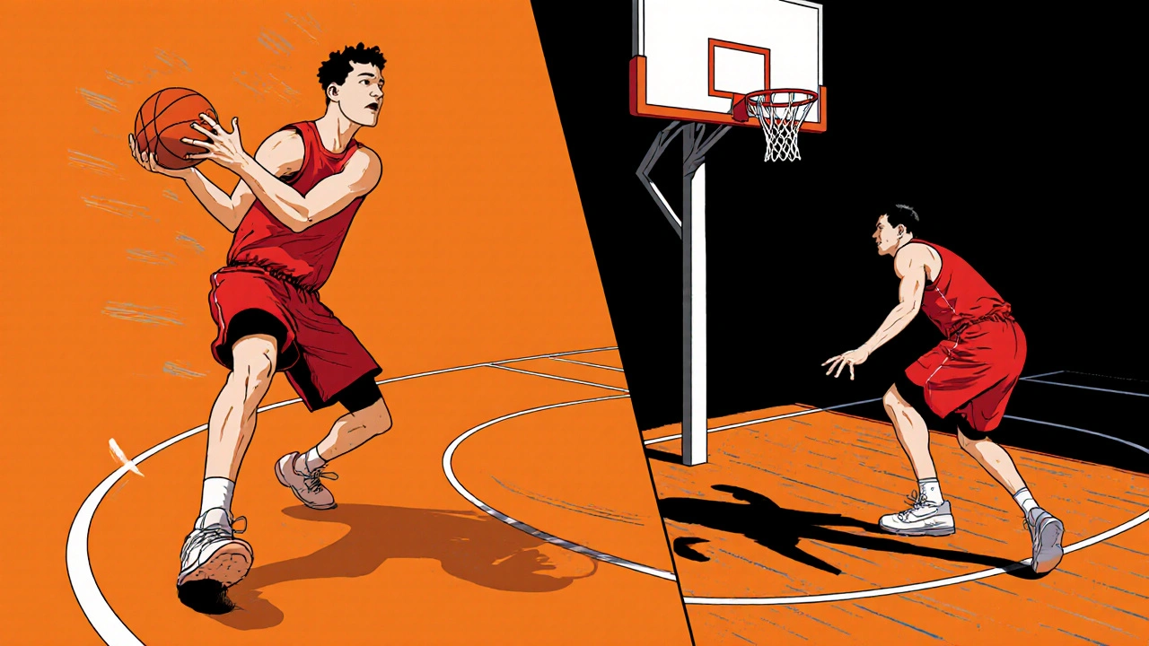 Komediový styl: hráč provádí přední pivot, obránce ztrácí pozici.