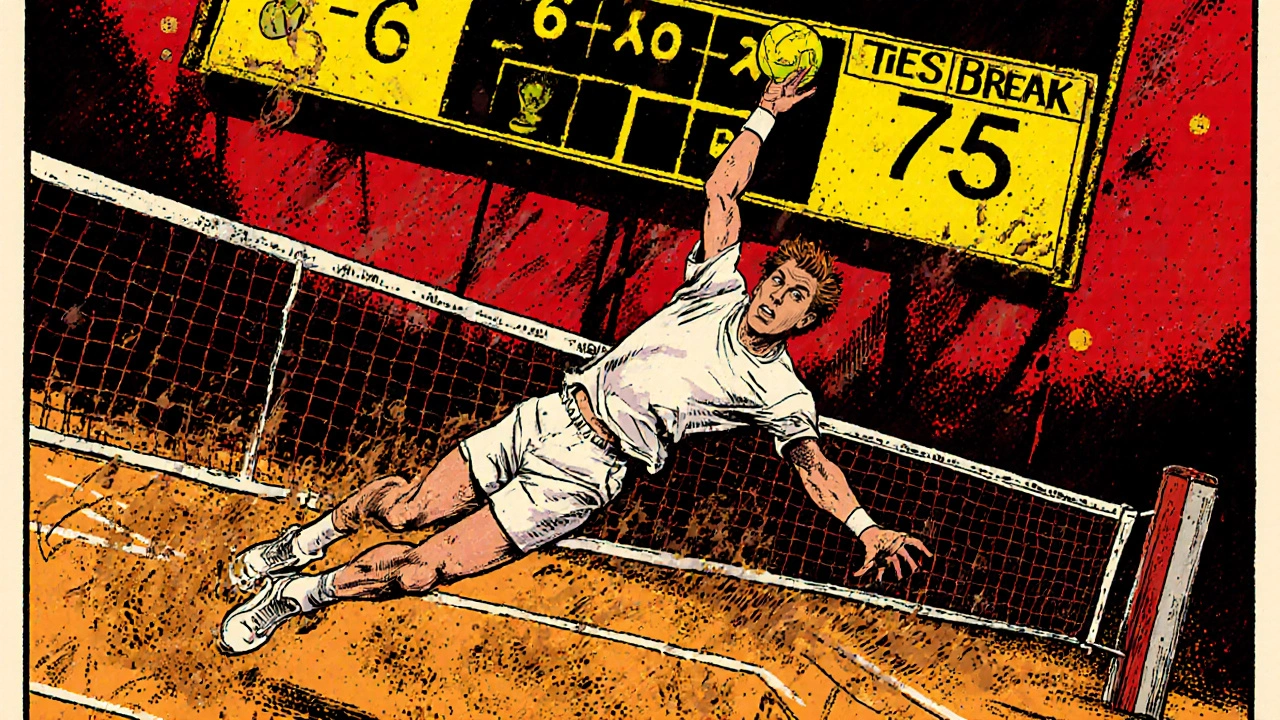 Komiksový scénář tie-breaku s hráčem, který zasahuje míč a scoreboardem 7-5.