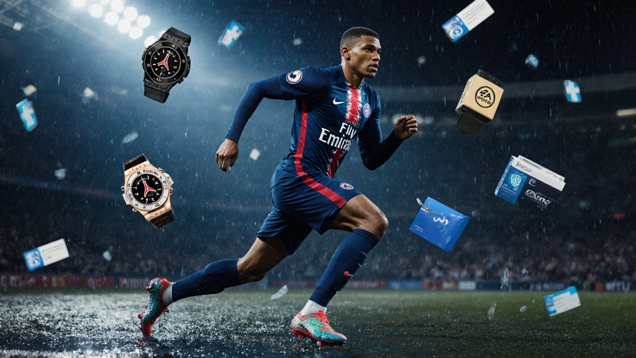 Kylian Mbappé běží na hřišti, kolem něj se točí ikony z jeho smluv s Nike a dalšími brandy.