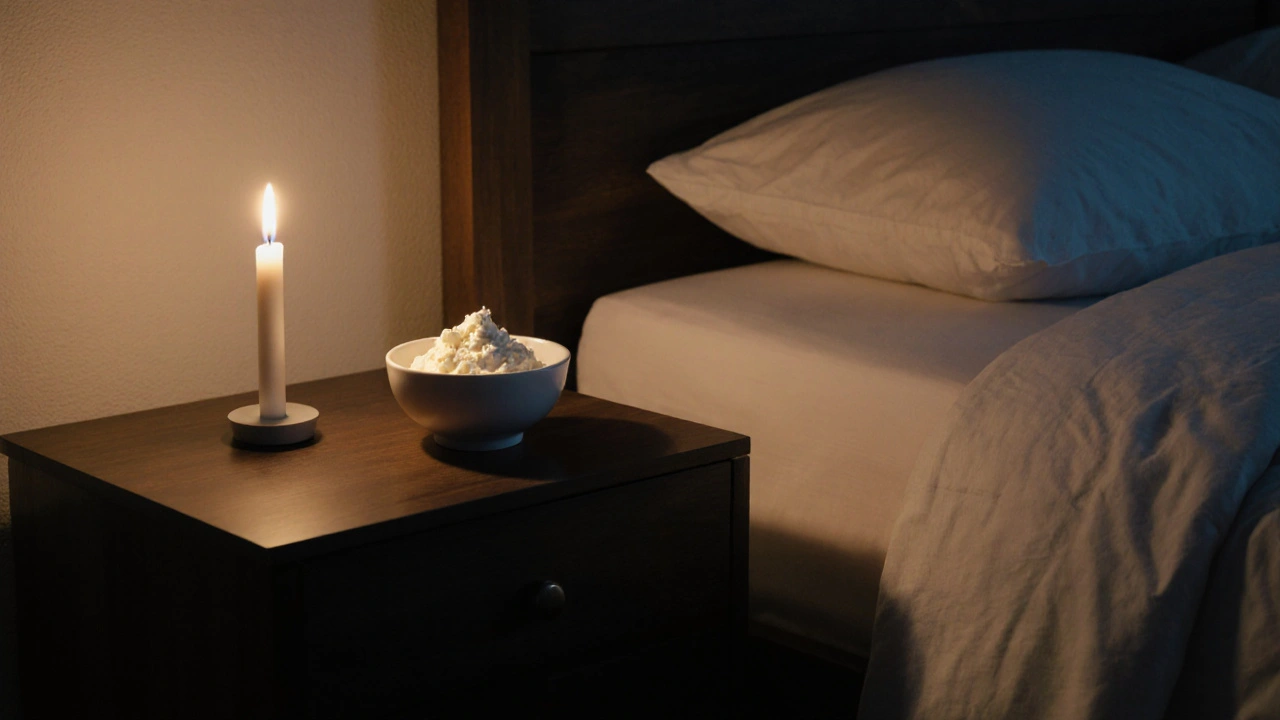 Malá mísa tvarohu na nočním stolku před spaním, měkké osvětlení a klidná atmosféra.