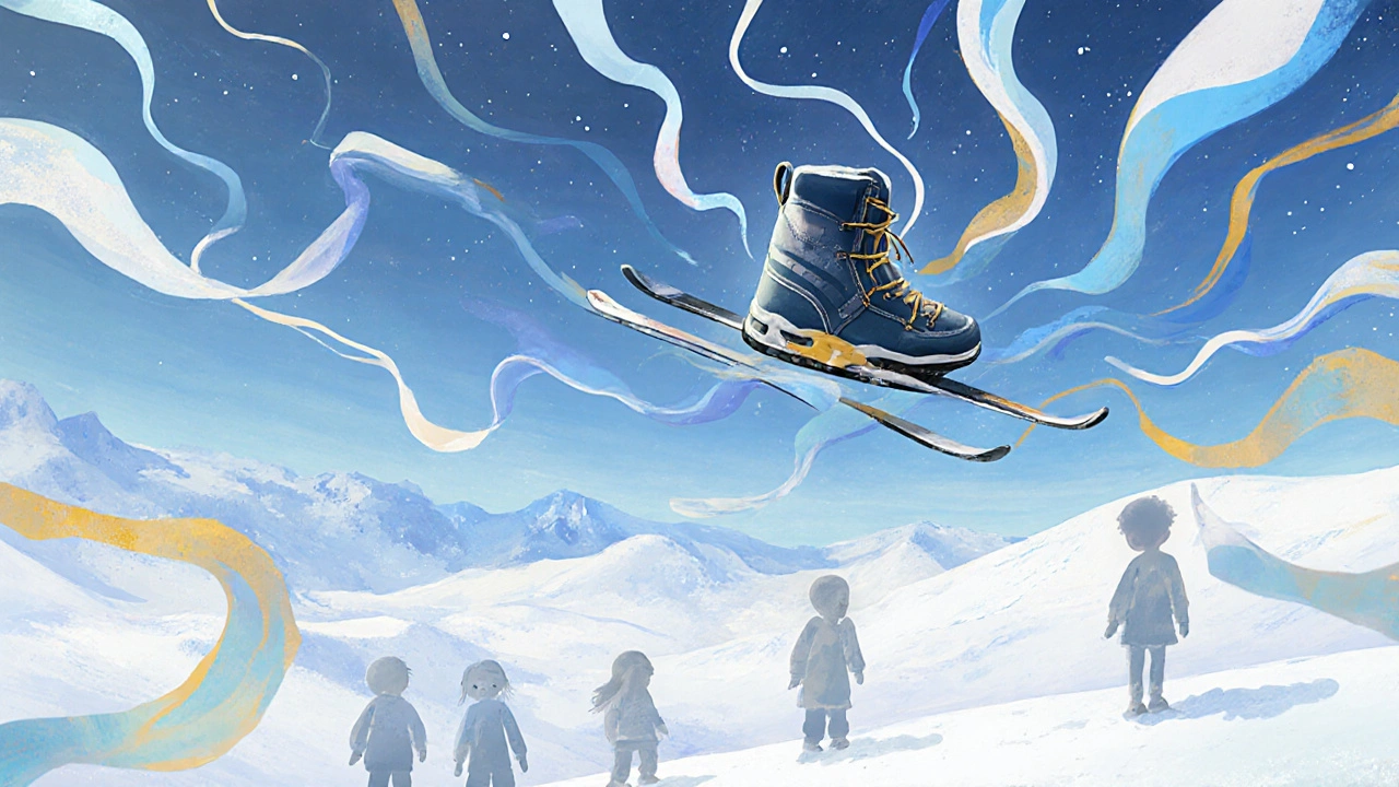 Malé lyžařské boty ve vzduchu s proudy odvahy a rovnováhy, které se táhnou do sněžené krajiny.