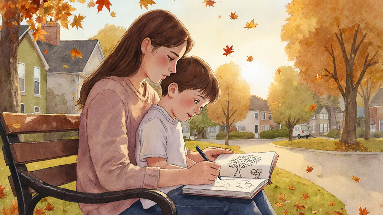 Matka a dítě kreslí společně na lavičce v parku při západu slunce.