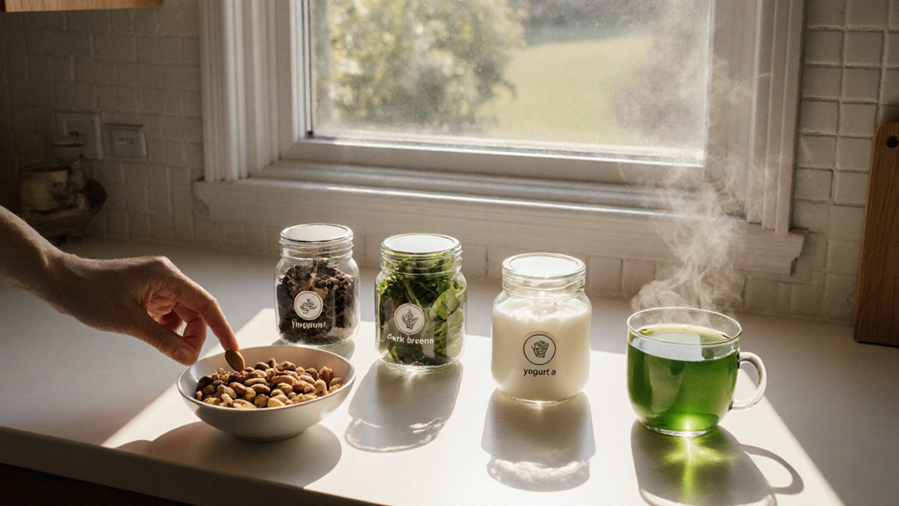 Minimální kuchyňský stolek s pěti skleněnými nádobami na stresové potraviny a slunečním světlem.