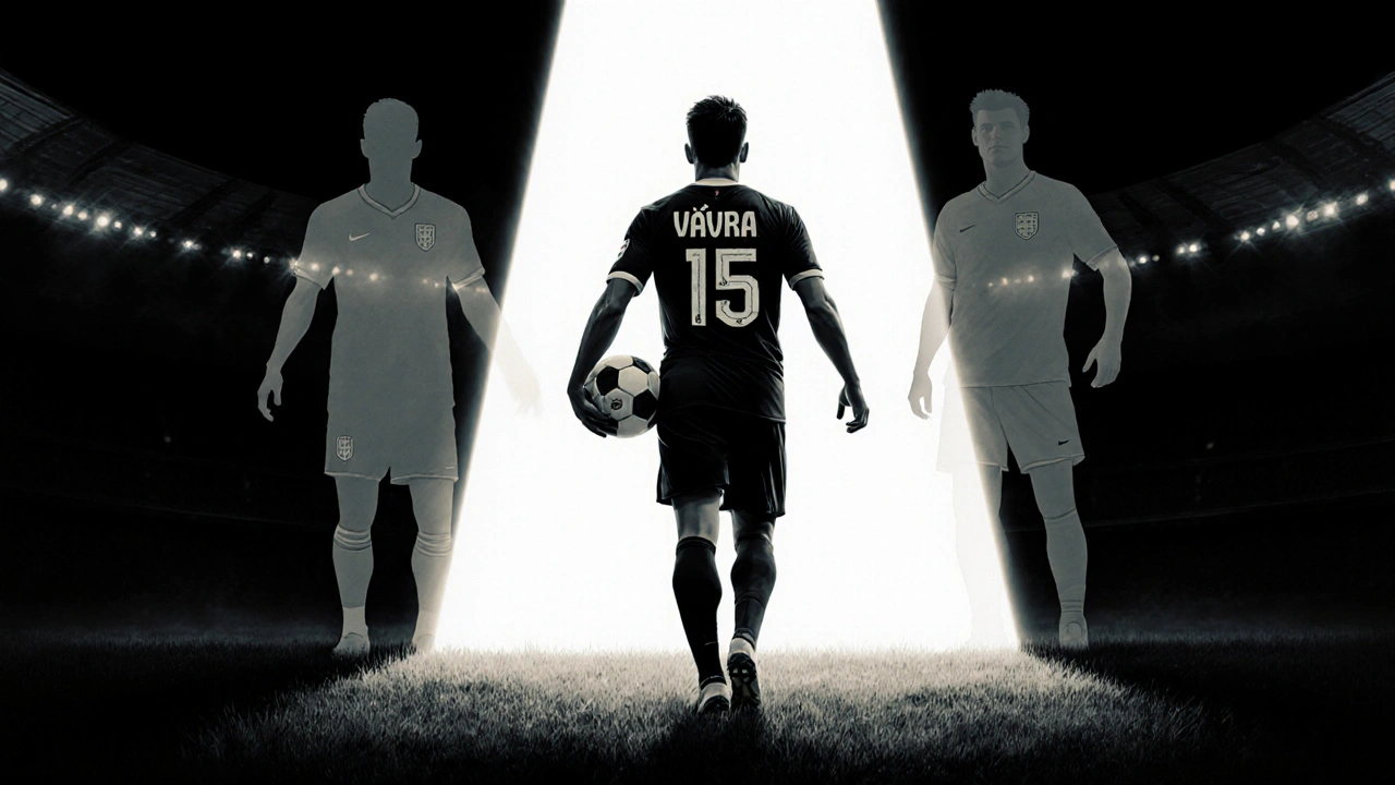 Mladý český fotbalista s číslem 15 vychází ze stínu do světla, za ním stíny velkých hráčů.