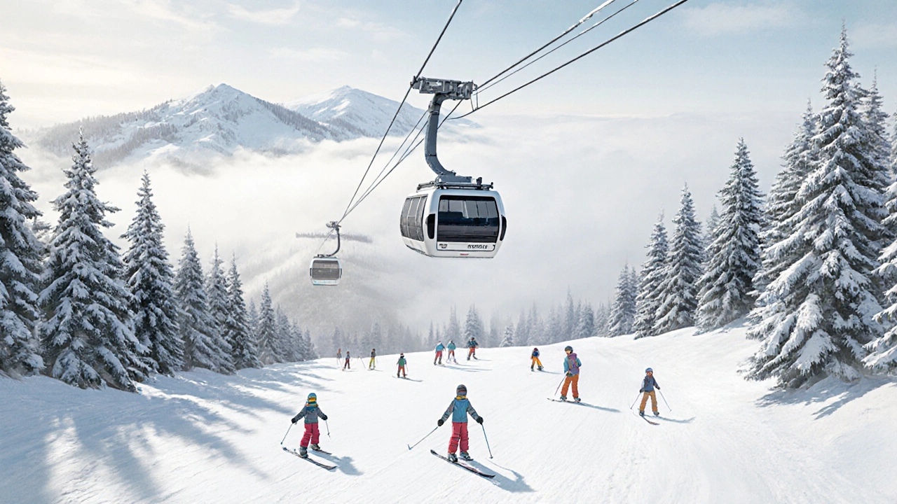 Moderní lanovka ve Szczyrku stoupá k vrcholu, rodiny lyžují na klidných svazích.