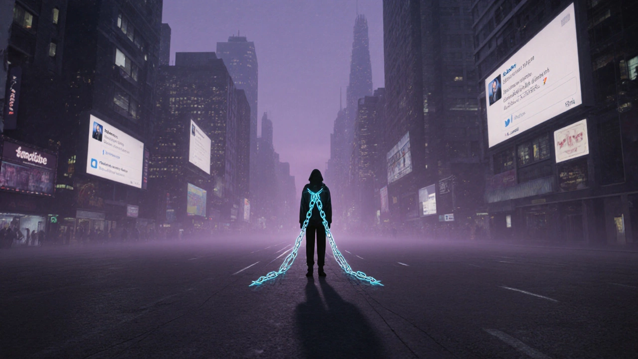 Osamělá postava v prázdném městě s digitálními obrazovkami.