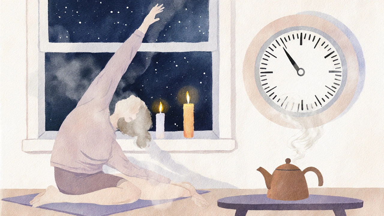 Osoba jemně protahující tělo večer v klidné atmosféře s svíčkami a okenním výhledem.