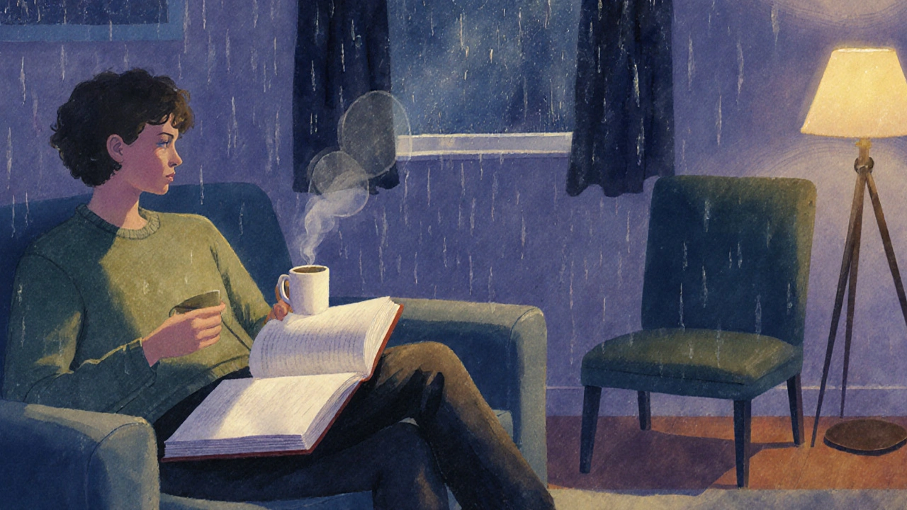 Osoba klidně čte knihu u okna při dešti ve večerním světle.