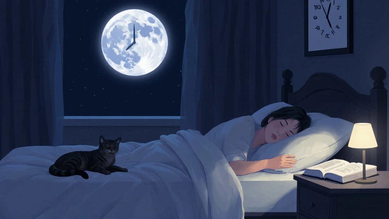 Osoba klidně spí v temné ložnici při měsíčním světle.