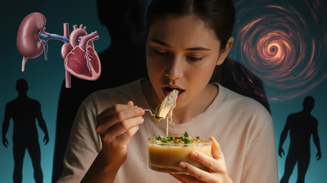 Osoba pomalu jí lehké jídlo po třídenním hladovění, za ní se tyčí symbolické riziko refeeding syndromu.