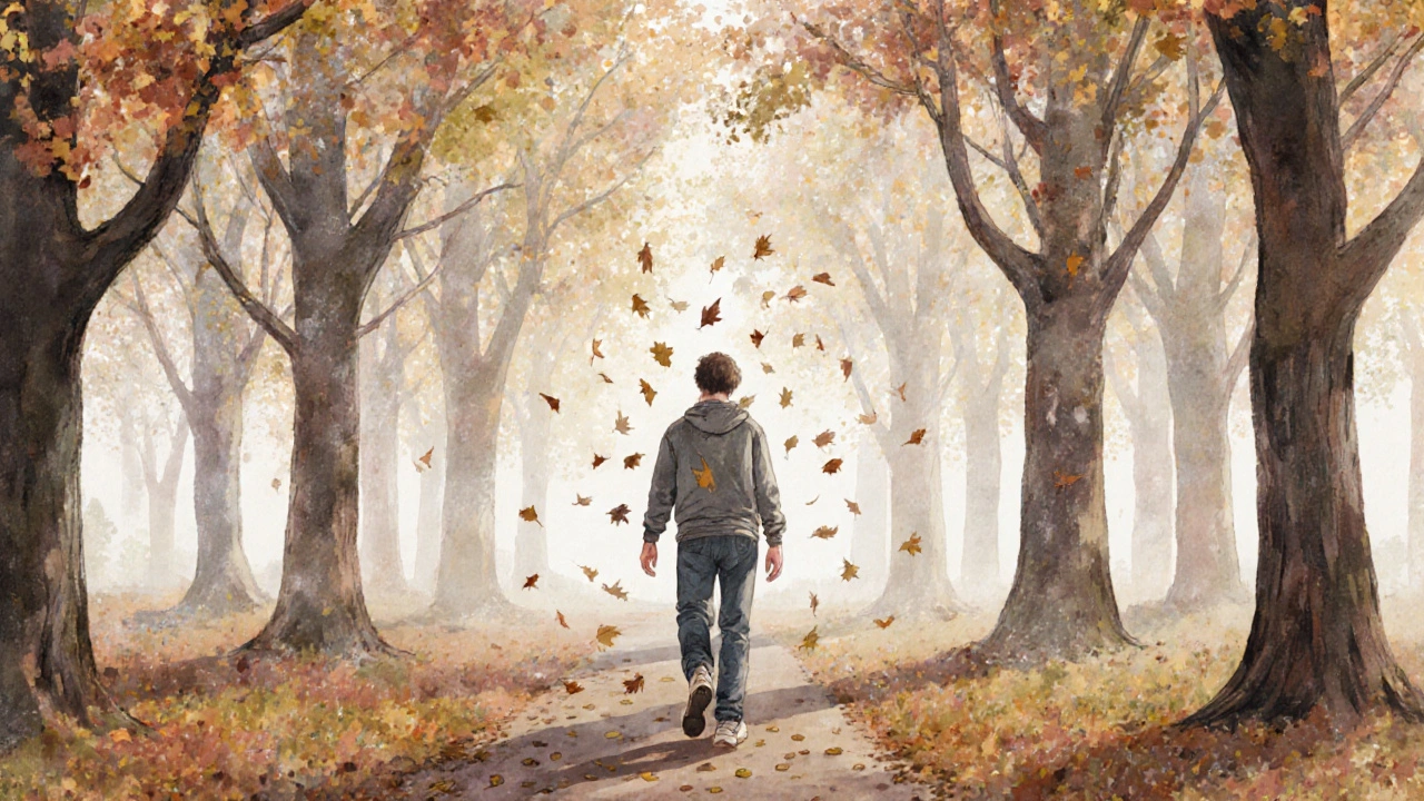 Osoba prochází lesním parkem v podzimu, listy padají, bez telefonu, v klidném prostředí.