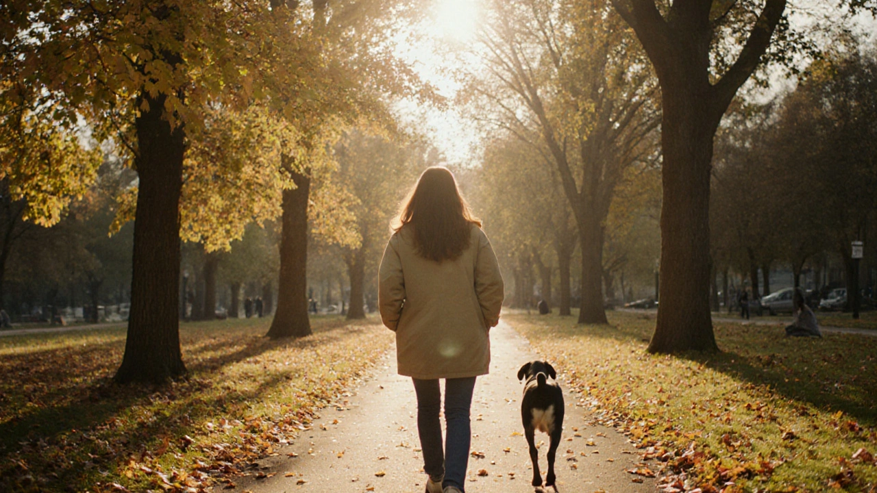 Osoba se prochází listnatým parkem v podzimním světle.