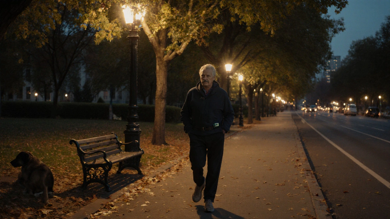 Osoba se prochází večerem po ulici s přírodní atmosférou.