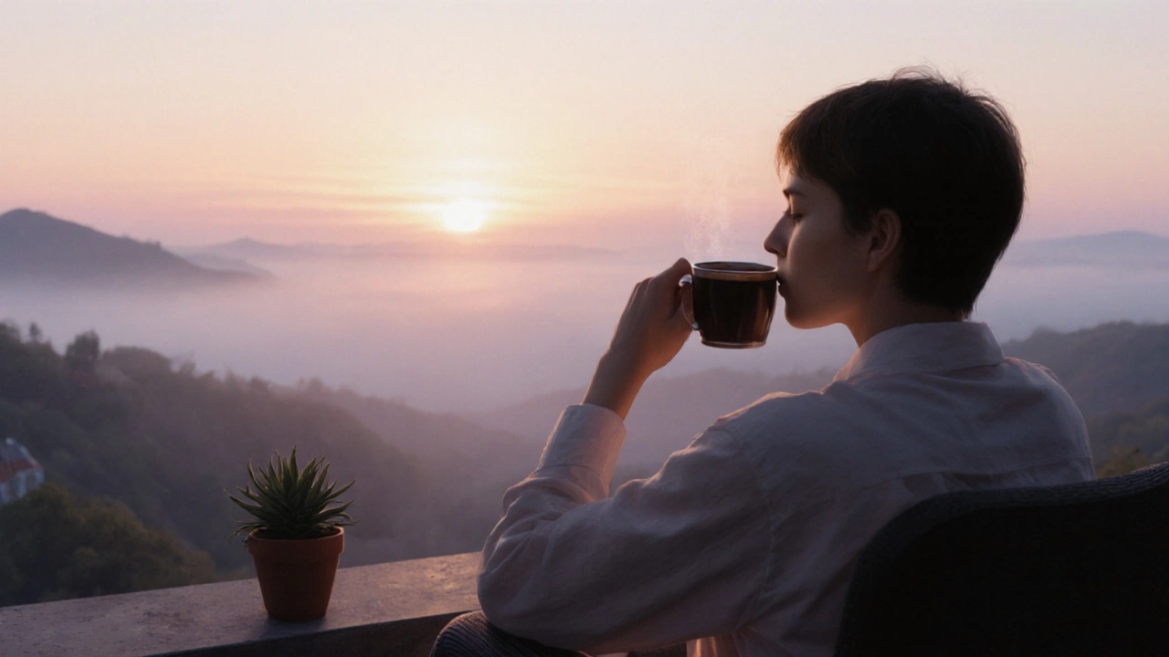 Osoba sedí na terase večer a pije kávu v klidu.