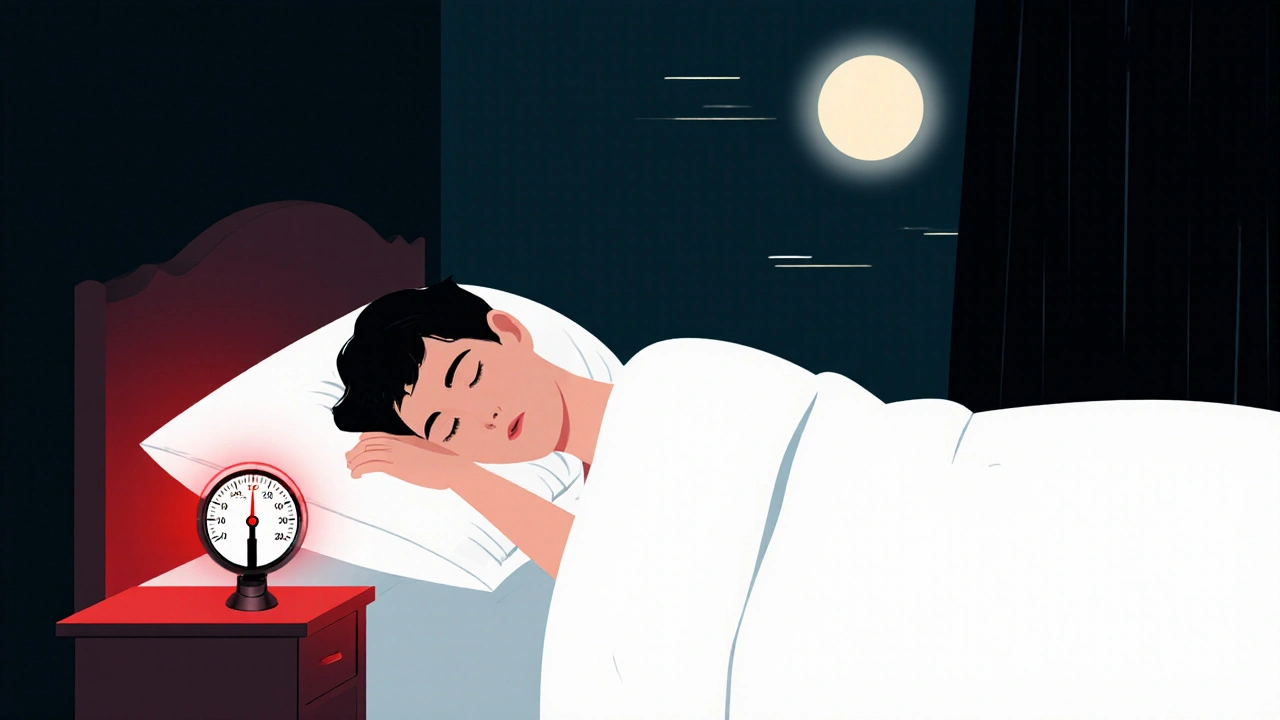 Osoba spí v temné, chladné místnosti s červenou nocní lampou a zavřenými záclonami.