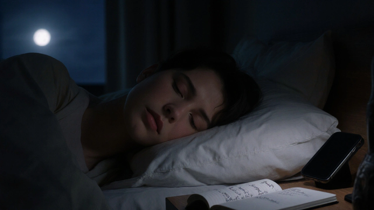 Osoba spí v temné ložnici s vypnutým telefonem na nočním stolku.