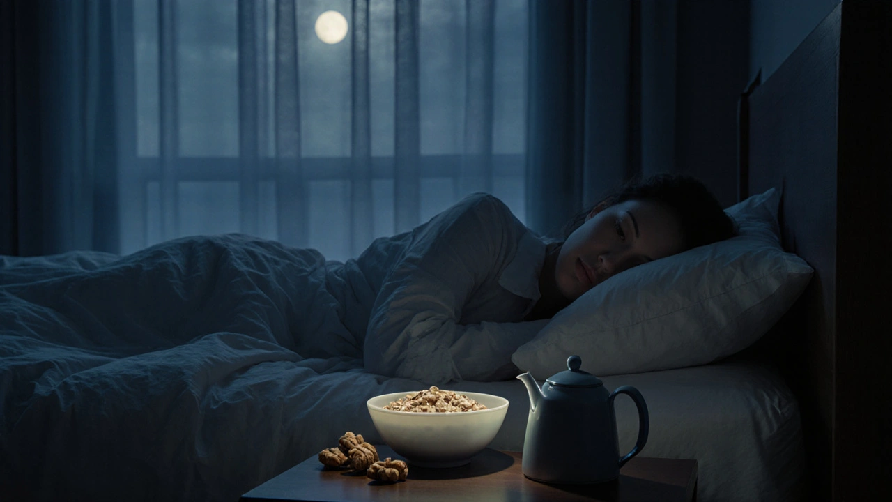 Pokojová scéna s klidně spící osobou a lehkým večerním jídlem na nočním stolku.