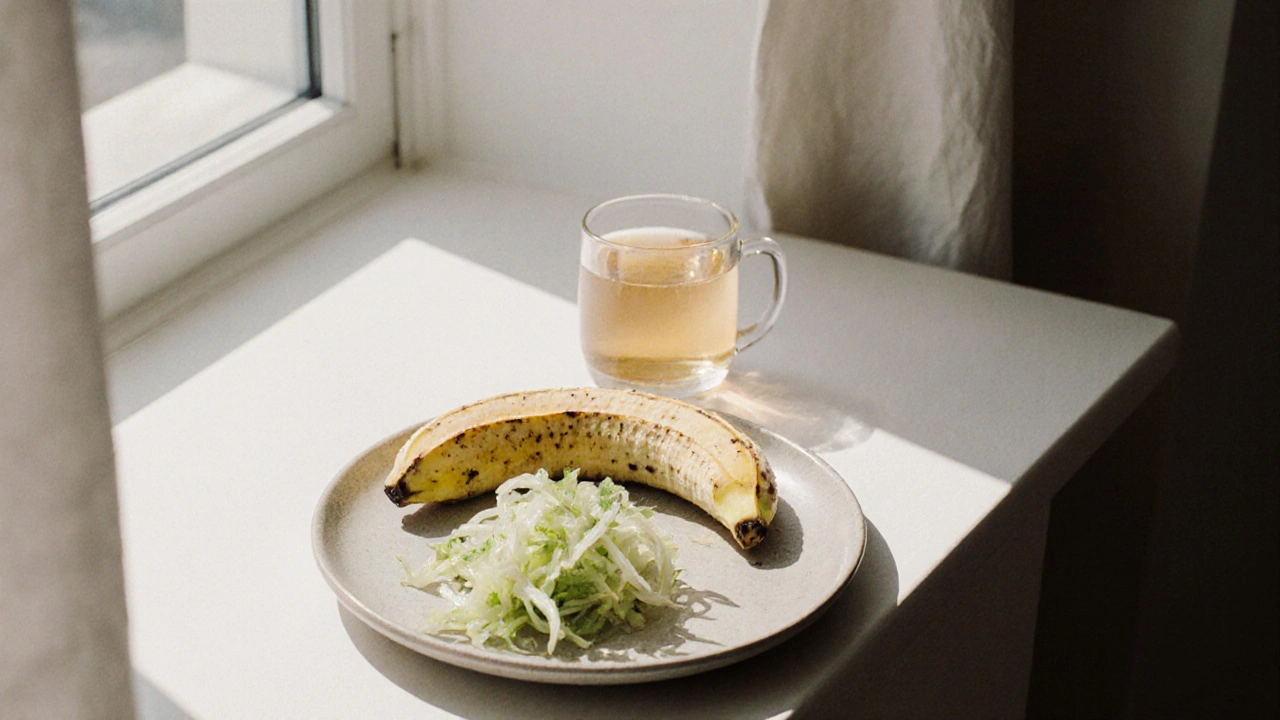 Polovina banánu a kysané zelí s citronovou vodou s medem na keramickém talíři.