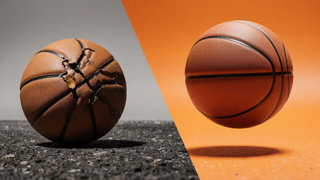 Porovnání poškozeného kůženého míče a odolného hybridního míče na hrubém povrchu.