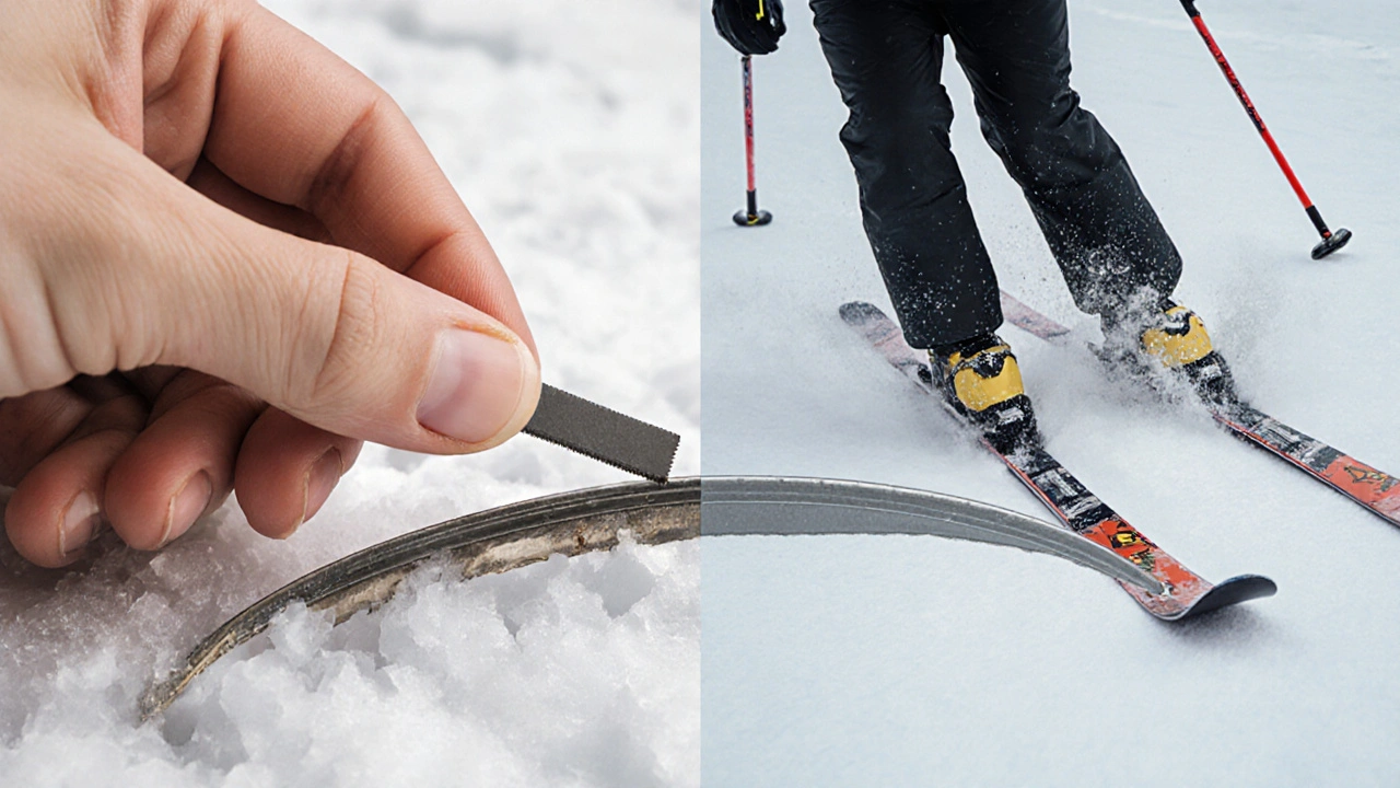 Porovnání tupé a ostré hrany lyže s důsledky pro jízdu.