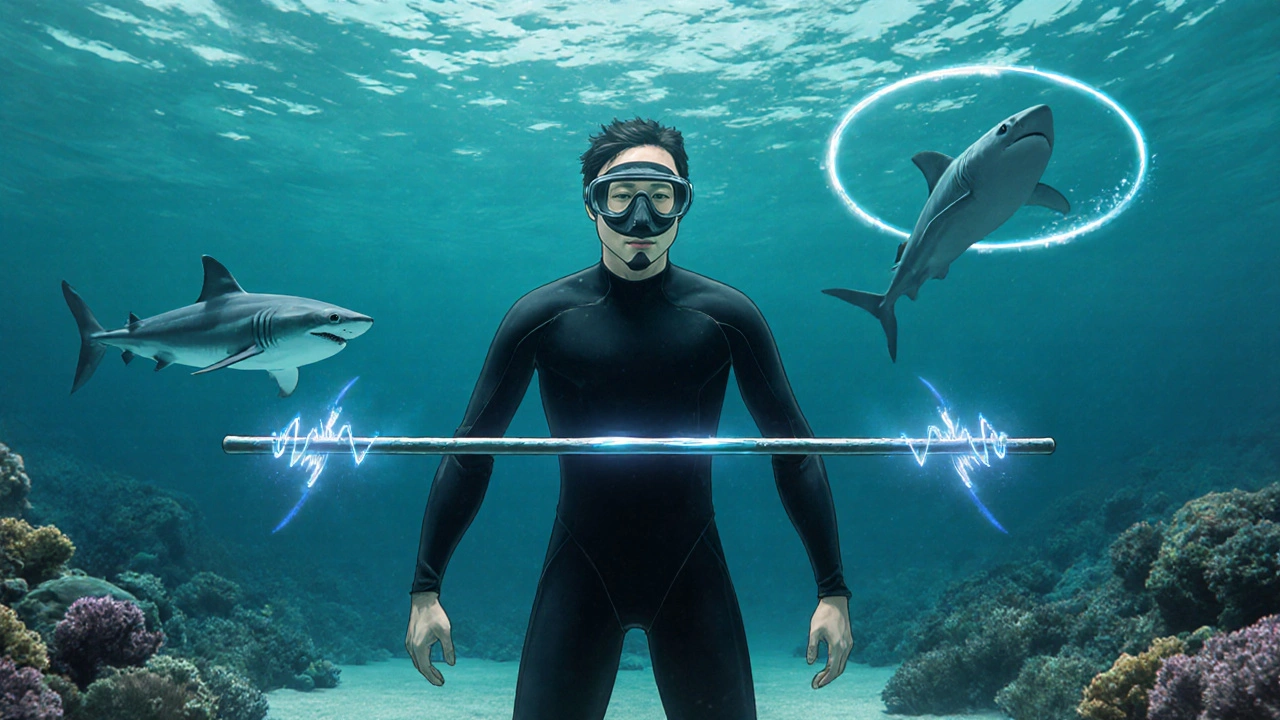 Potápěč drží tyč před sebou, žralok se k němu přibližuje, ale neútočí.