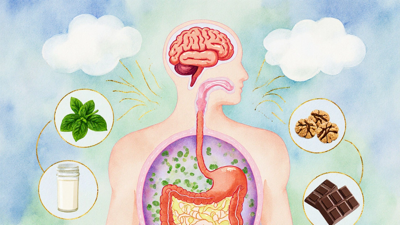 Průřez těla ukazuje zdravé střevo a hormony štěstí, obklopené potravinami proti stresu.
