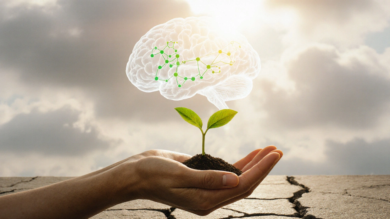 Ruka drží rostlinu rostoucí z betonu s překryvem mozkového obrazu.